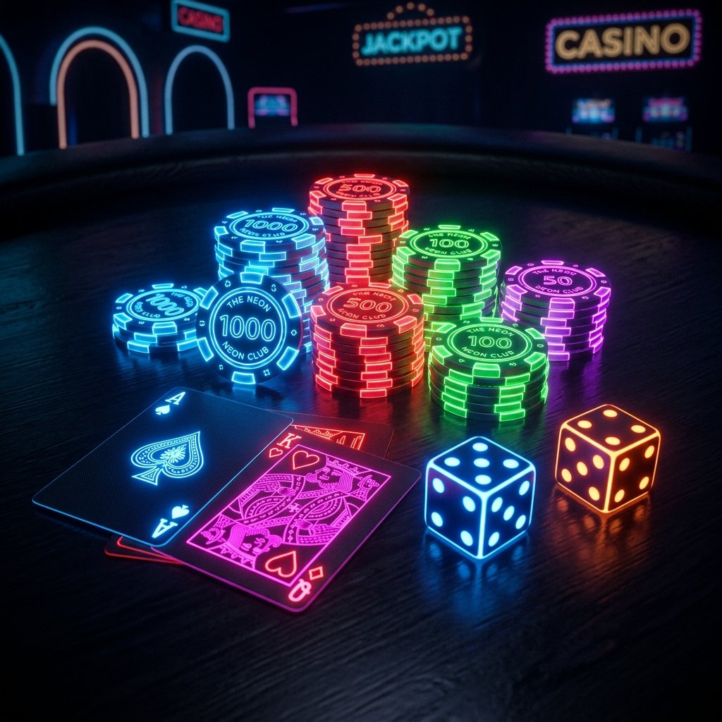 Neon glowing casino chips and cards